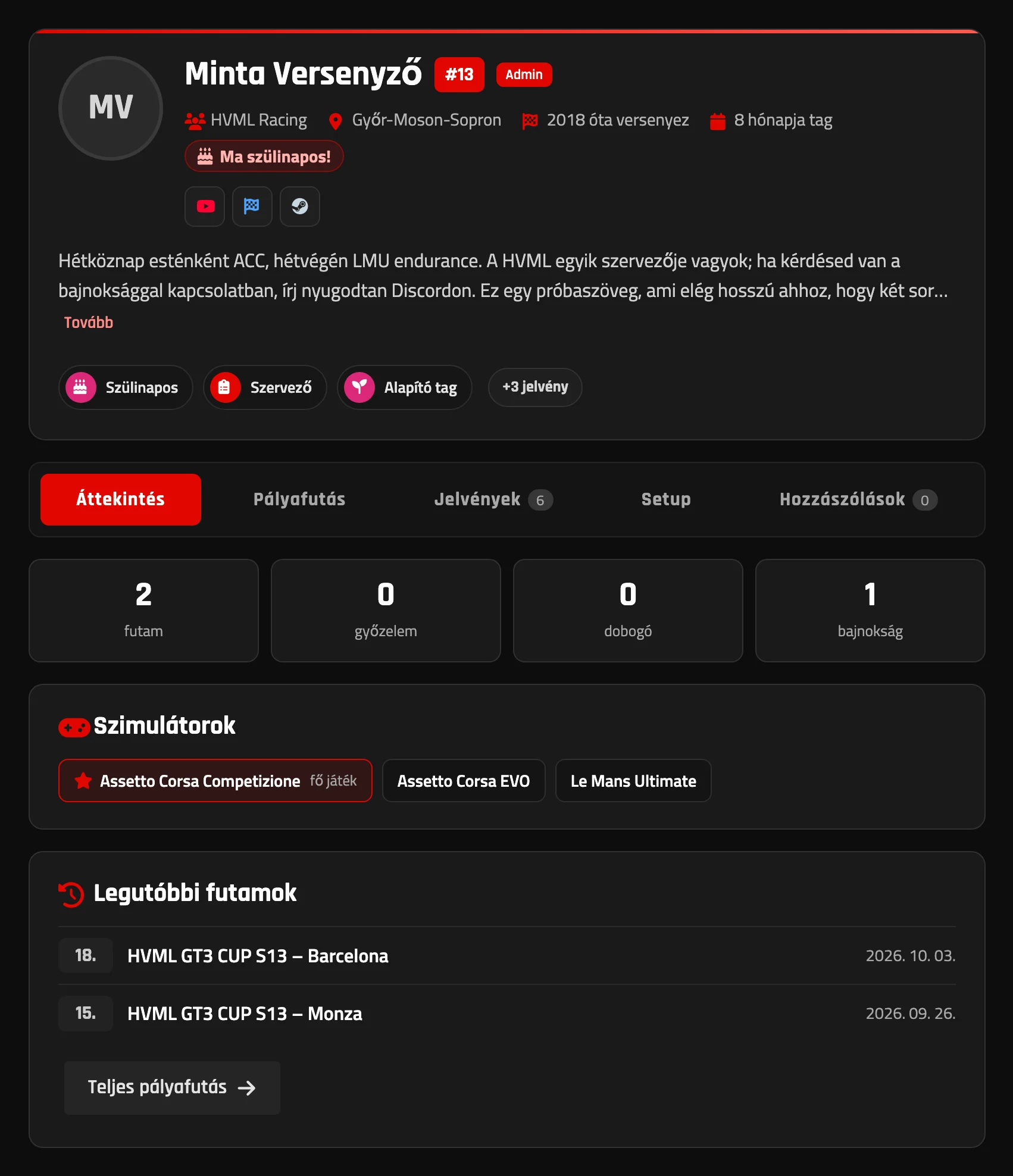 A megújult profil (mintaadatokkal)
