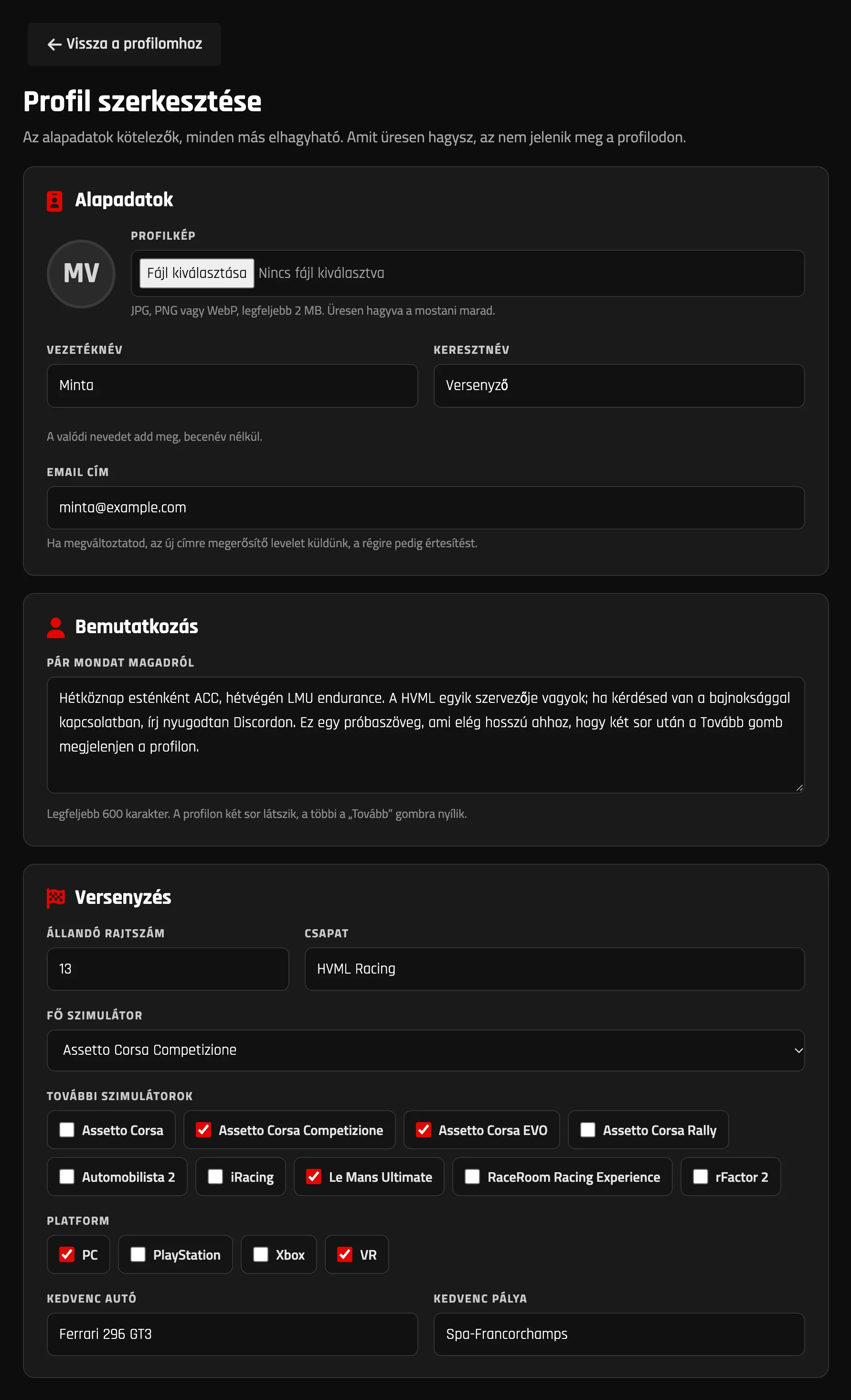 A Profil szerkesztése oldal (mintaadatokkal)